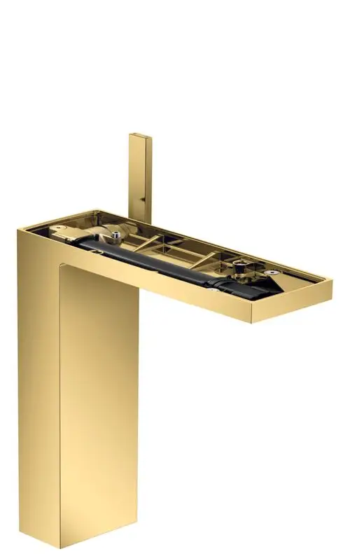 Einhebel-Waschtischmischer mit rechteckiger Form und Push-Open Ablaufgarnitur in verchromtem Gold-Look von AXOR, geeignet für Aufsatzwaschtische.